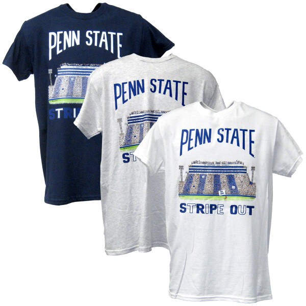 navy, gray, and white short sleeve t-shirts with Penn State Stripe Out stadium art